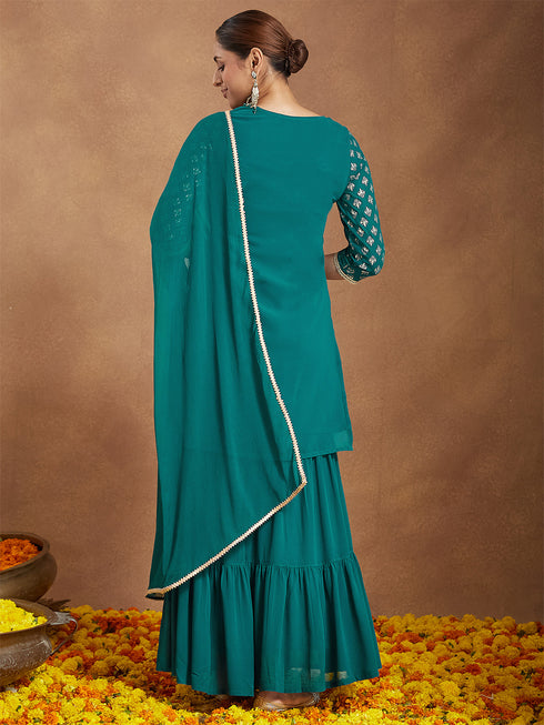 Janasya Women's Teal Green Georgette Embellished Foil Printed Straight Kurta With Sharara & Dupatta